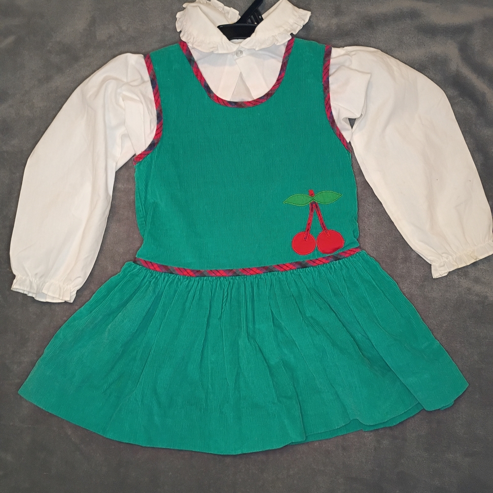 Vintage 1990s Girls 5 Green Corduroy Cherry Dress With White Dress Shirt